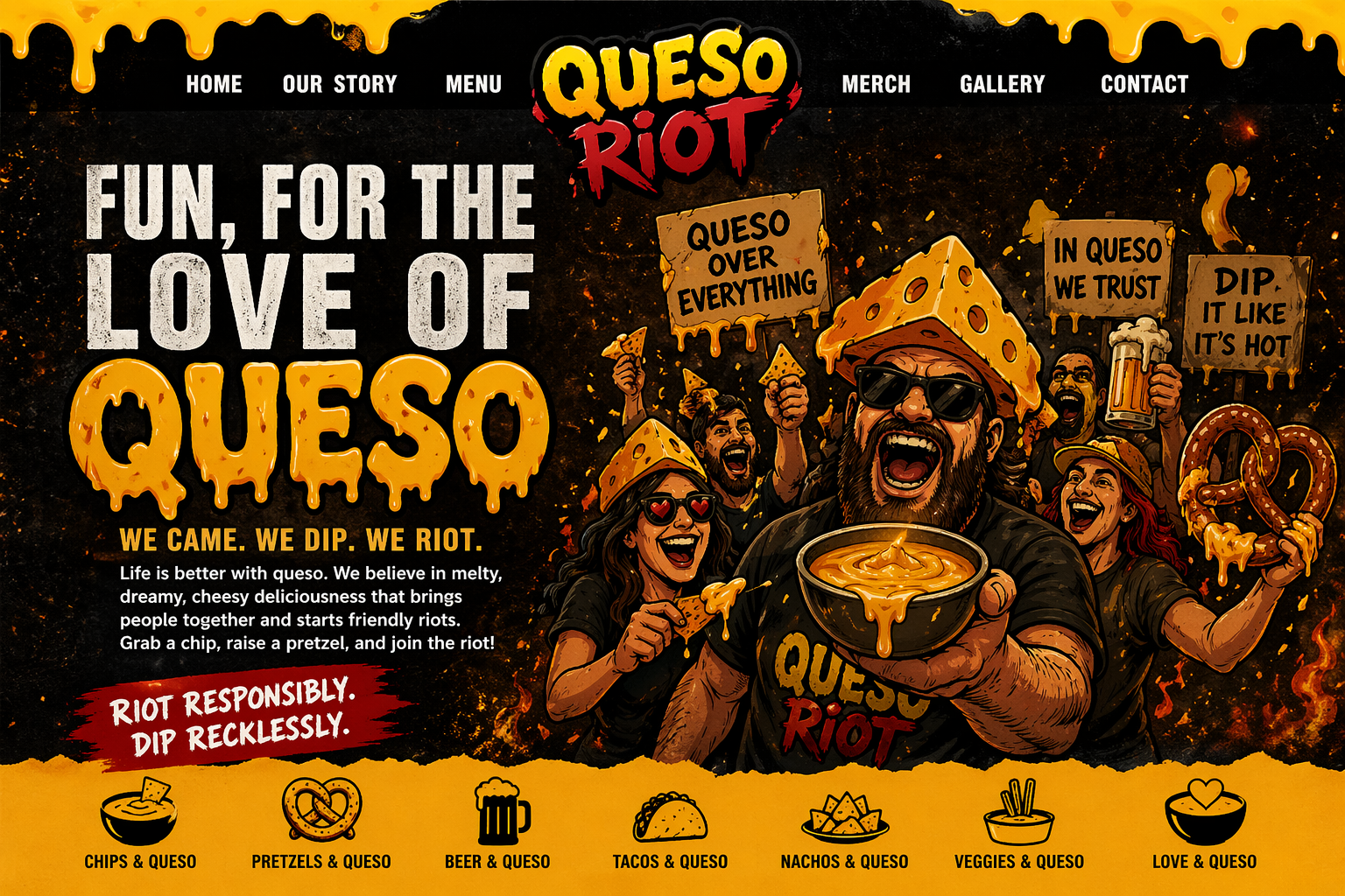 Queso Riot party poster with cheese hats, chips, pretzels, beer, and queso fans